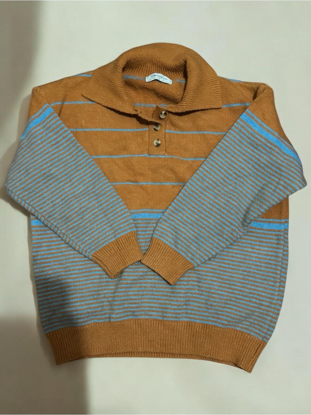 Alfreic Eden Striped Polo Collar Sweater in Camel and Light Blue